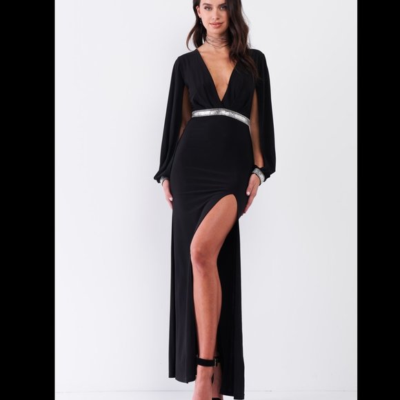 Rhinestone Maxi Dress Deep Plunged VNeck Slit sleeve bejeweled sophisticated - Picture 1 of 13